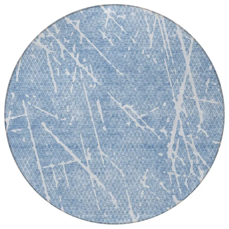 8' Blue And Ivory Round Abstract Washable Indoor Outdoor Area Rug