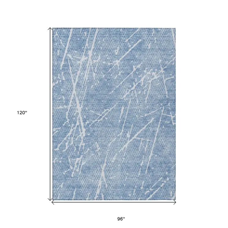 8' X 10' Blue And Ivory Abstract Washable Indoor Outdoor Area Rug