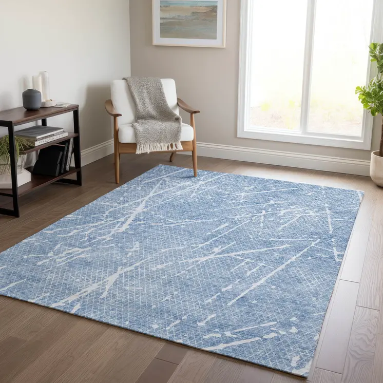 8' X 10' Blue And Ivory Abstract Washable Indoor Outdoor Area Rug