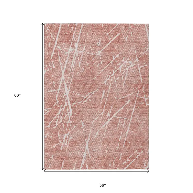 3' X 5' Blush And Ivory Abstract Washable Indoor Outdoor Area Rug