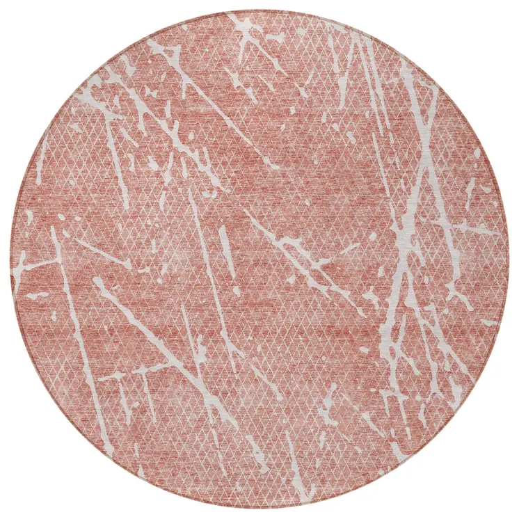 8' Blush And Ivory Round Abstract Washable Indoor Outdoor Area Rug