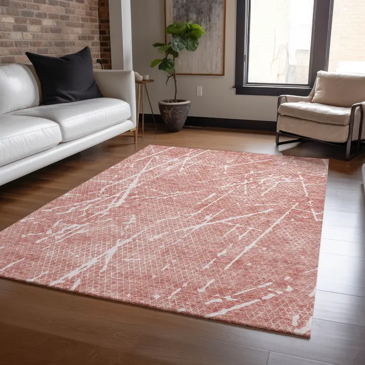 9' X 12' Blush And Ivory Abstract Washable Indoor Outdoor Area Rug