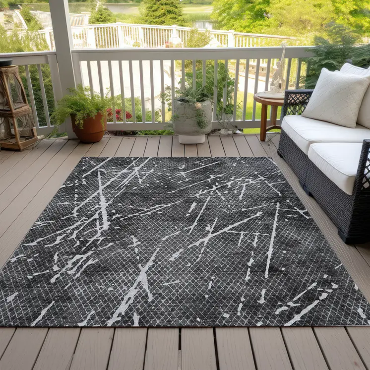 5' X 8' Charcoal Ivory And Gray Abstract Washable Indoor Outdoor Area Rug