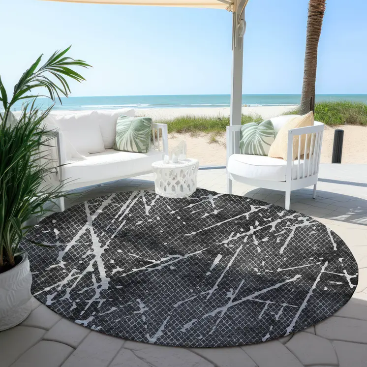 8' Charcoal Ivory And Gray Round Abstract Washable Indoor Outdoor Area Rug