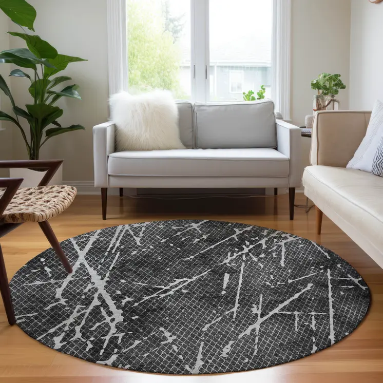 8' Charcoal Ivory And Gray Round Abstract Washable Indoor Outdoor Area Rug