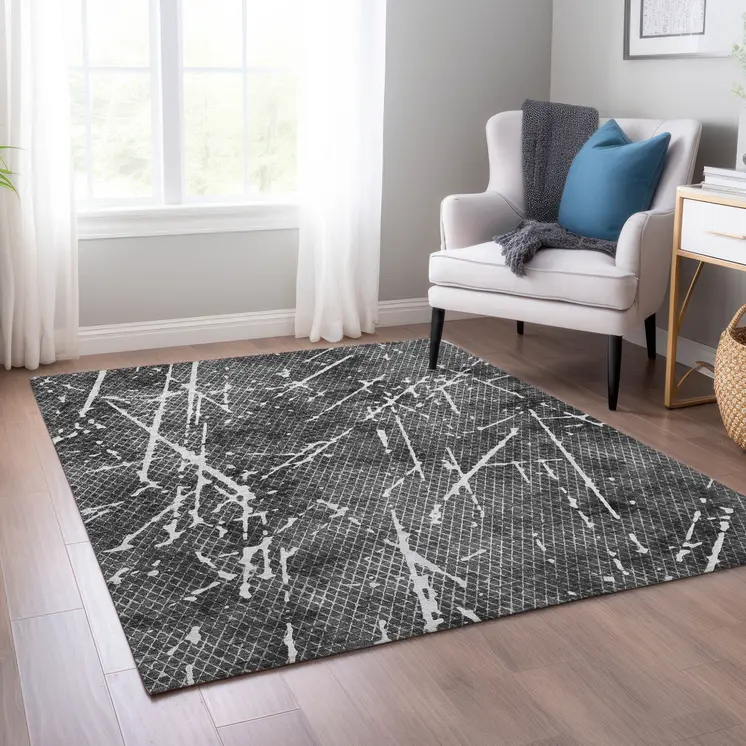 8' X 10' Charcoal Ivory And Gray Abstract Washable Indoor Outdoor Area Rug