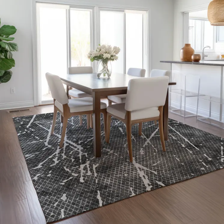 8' X 10' Charcoal Ivory And Gray Abstract Washable Indoor Outdoor Area Rug