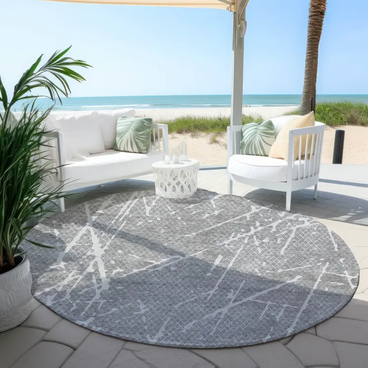 8' Gray Ivory And Silver Round Abstract Washable Indoor Outdoor Area Rug