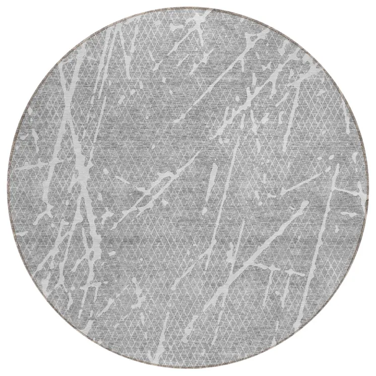8' Gray Ivory And Silver Round Abstract Washable Indoor Outdoor Area Rug