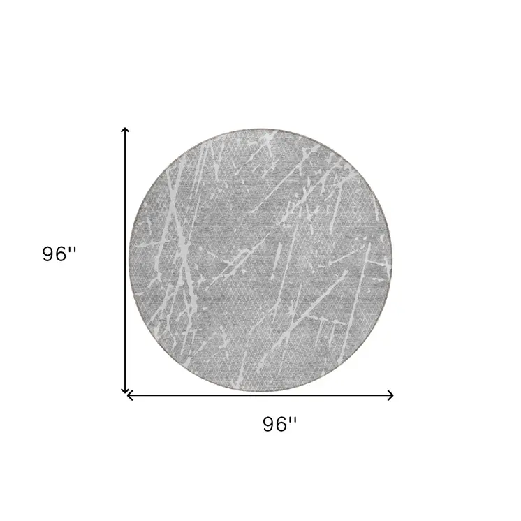 8' Gray Ivory And Silver Round Abstract Washable Indoor Outdoor Area Rug