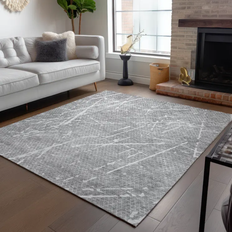 8' X 10' Gray Ivory And Silver Abstract Washable Indoor Outdoor Area Rug