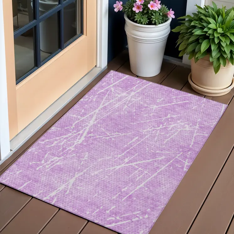 3' X 5' Lilac And Ivory Abstract Washable Indoor Outdoor Area Rug