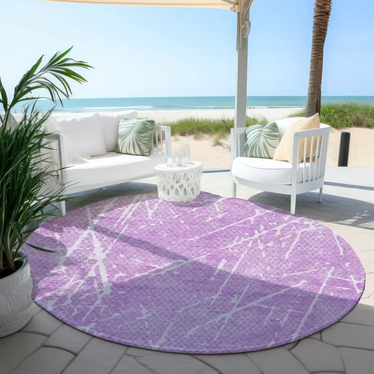 8' Lilac And Ivory Round Abstract Washable Indoor Outdoor Area Rug