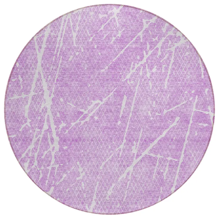 8' Lilac And Ivory Round Abstract Washable Indoor Outdoor Area Rug