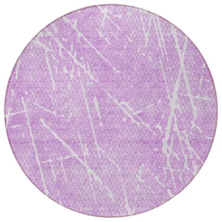 8' Lilac And Ivory Round Abstract Washable Indoor Outdoor Area Rug