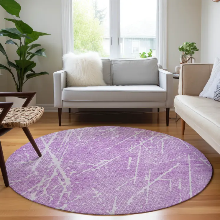 8' Lilac And Ivory Round Abstract Washable Indoor Outdoor Area Rug