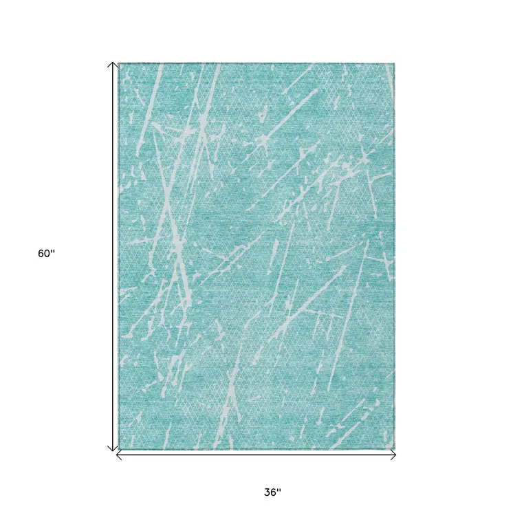 3' X 5' Teal Blue And Ivory Abstract Washable Indoor Outdoor Area Rug