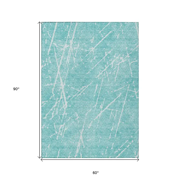 5' X 8' Teal Blue And Ivory Abstract Washable Indoor Outdoor Area Rug