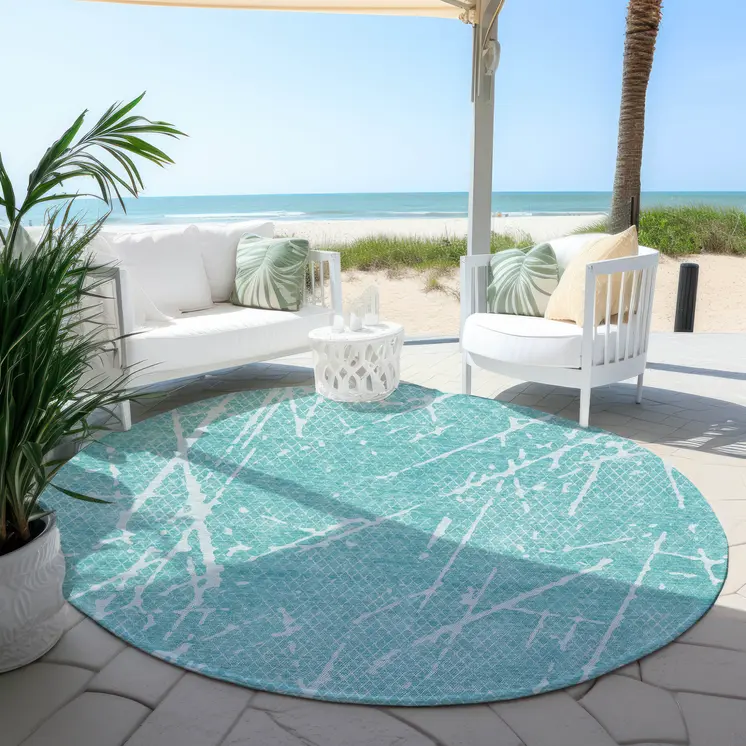 8' Teal Blue And Ivory Round Abstract Washable Indoor Outdoor Area Rug