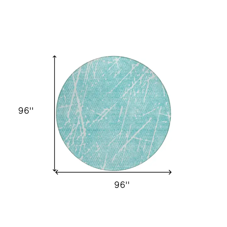 8' Teal Blue And Ivory Round Abstract Washable Indoor Outdoor Area Rug