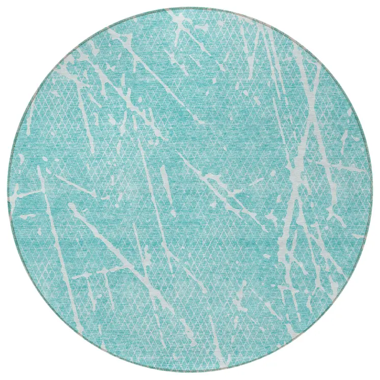 8' Teal Blue And Ivory Round Abstract Washable Indoor Outdoor Area Rug