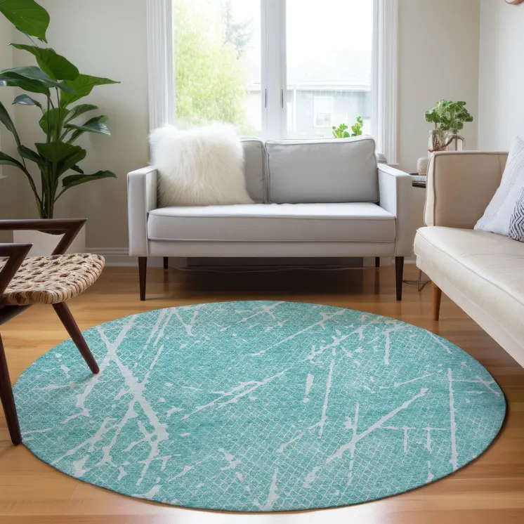 8' Teal Blue And Ivory Round Abstract Washable Indoor Outdoor Area Rug