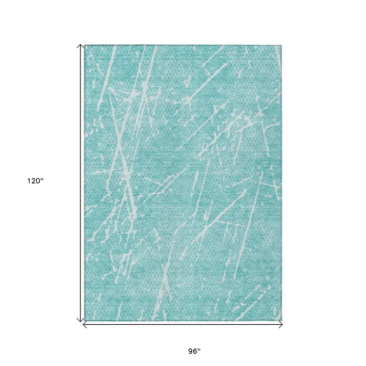 8' X 10' Teal Blue And Ivory Abstract Washable Indoor Outdoor Area Rug