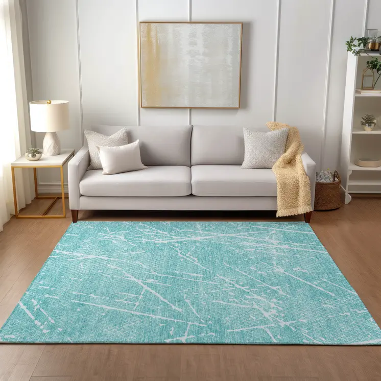 8' X 10' Teal Blue And Ivory Abstract Washable Indoor Outdoor Area Rug