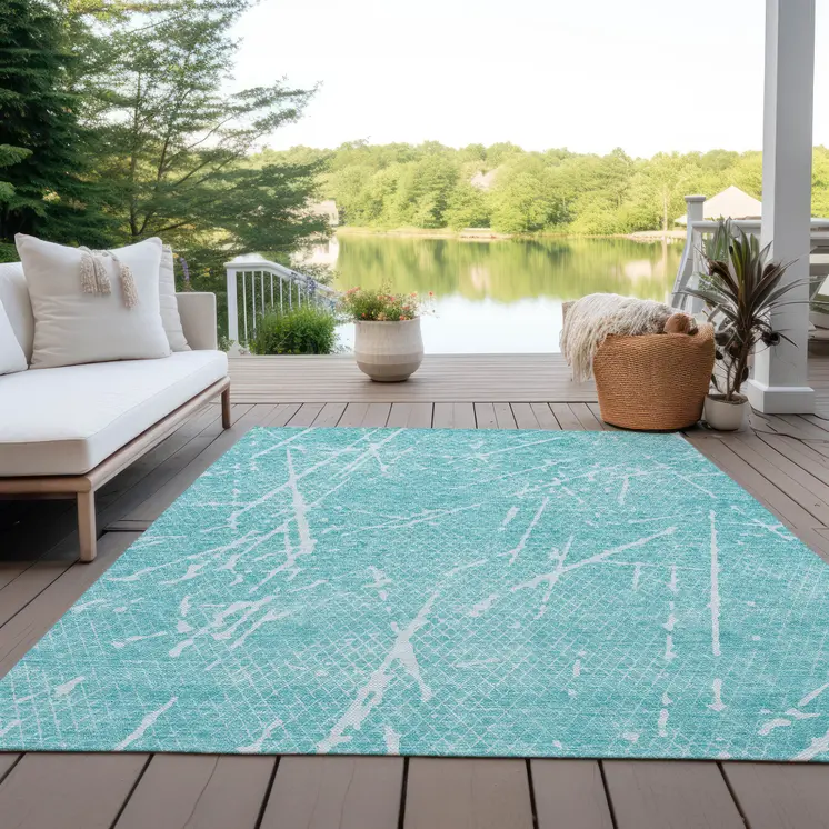 8' X 10' Teal Blue And Ivory Abstract Washable Indoor Outdoor Area Rug