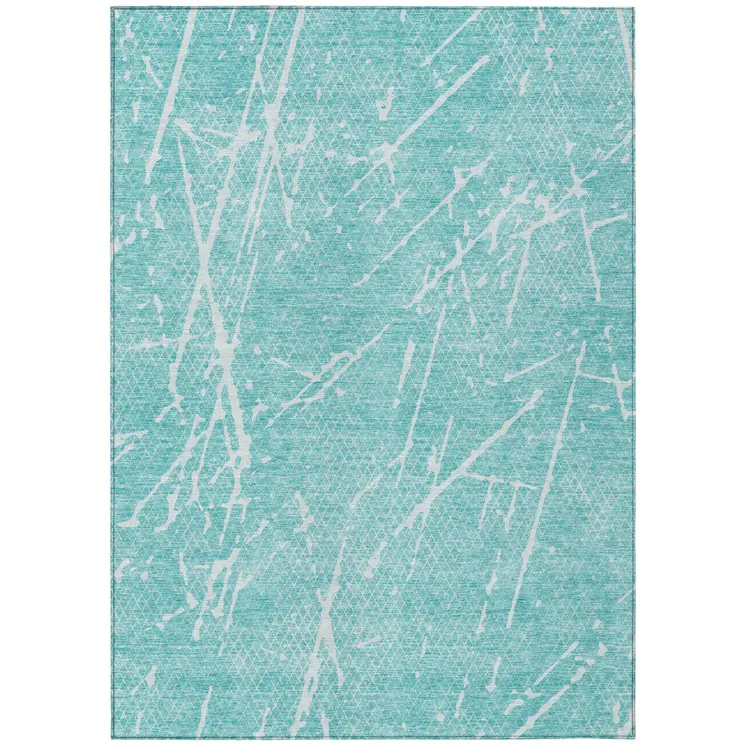 9' X 12' Teal Blue And Ivory Abstract Washable Indoor Outdoor Area Rug