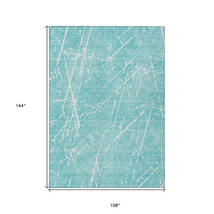 9' X 12' Teal Blue And Ivory Abstract Washable Indoor Outdoor Area Rug