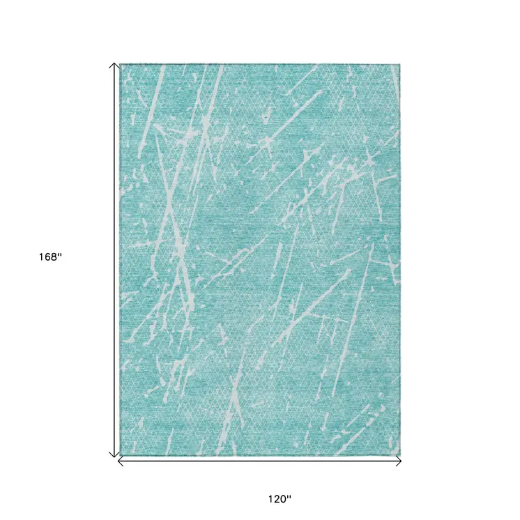 10' X 14' Teal Blue And Ivory Abstract Washable Indoor Outdoor Area Rug