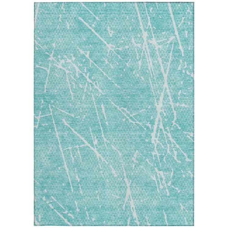 10' X 14' Teal Blue And Ivory Abstract Washable Indoor Outdoor Area Rug