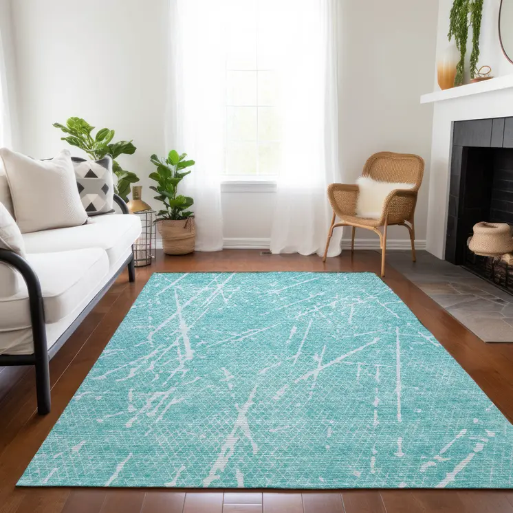 10' X 14' Teal Blue And Ivory Abstract Washable Indoor Outdoor Area Rug