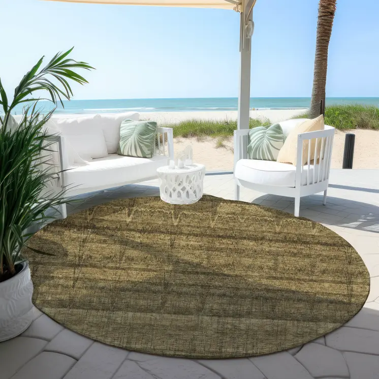8' Brown Beige And Chocolate Round Striped Washable Indoor Outdoor Area Rug