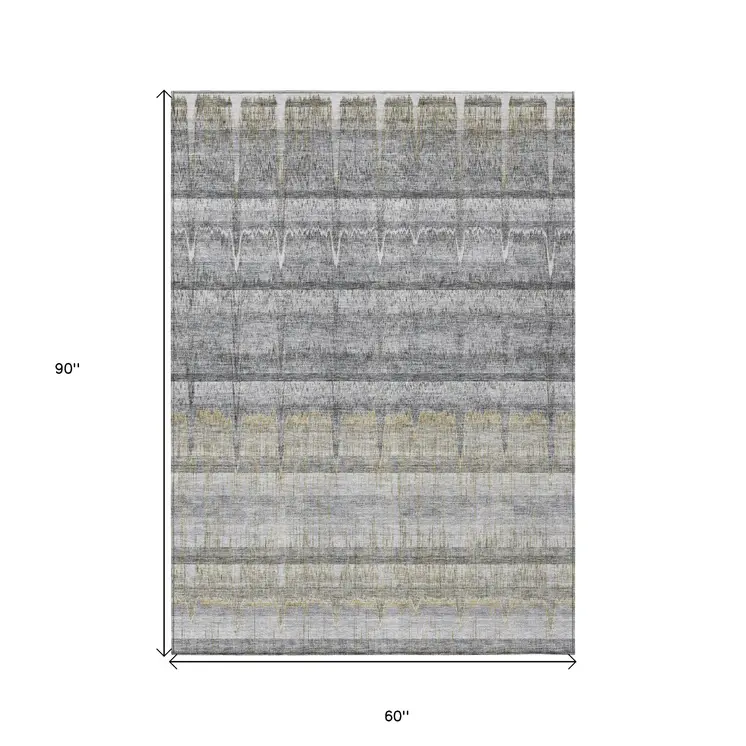 5' X 8' Gray Silver And Charcoal Striped Washable Indoor Outdoor Area Rug