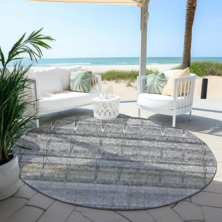 8' Gray Silver And Charcoal Round Striped Washable Indoor Outdoor Area Rug