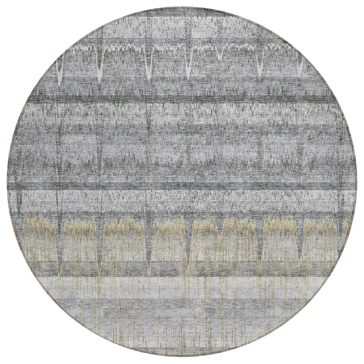 8' Gray Silver And Charcoal Round Striped Washable Indoor Outdoor Area Rug