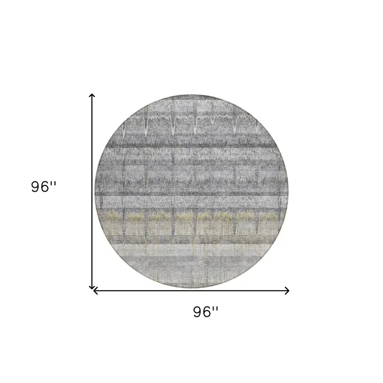 8' Gray Silver And Charcoal Round Striped Washable Indoor Outdoor Area Rug