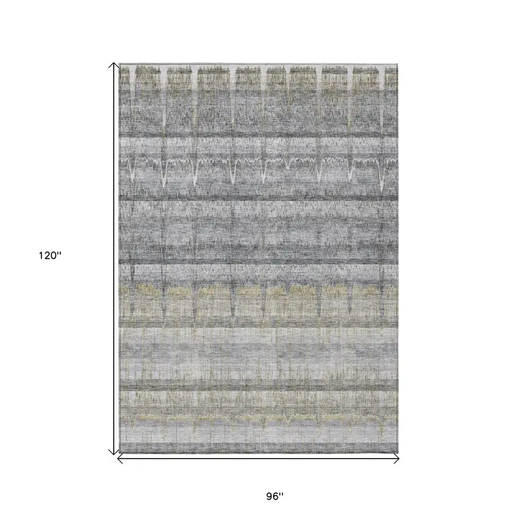 8' X 10' Gray Silver And Charcoal Striped Washable Indoor Outdoor Area Rug