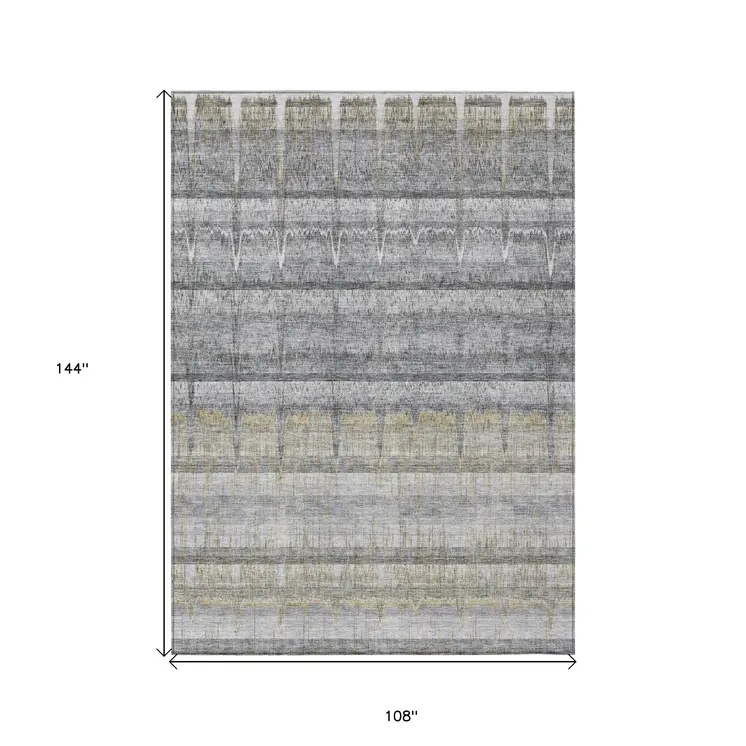 9' X 12' Gray Silver And Charcoal Striped Washable Indoor Outdoor Area Rug