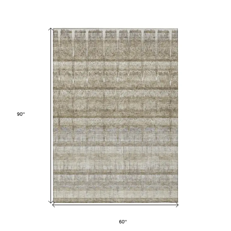 5' X 8' Taupe Gray And Beige Striped Washable Indoor Outdoor Area Rug