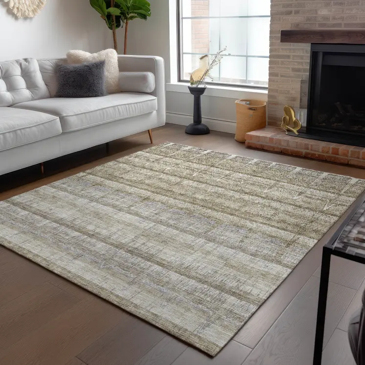 5' X 8' Taupe Gray And Beige Striped Washable Indoor Outdoor Area Rug