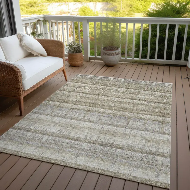 5' X 8' Taupe Gray And Beige Striped Washable Indoor Outdoor Area Rug