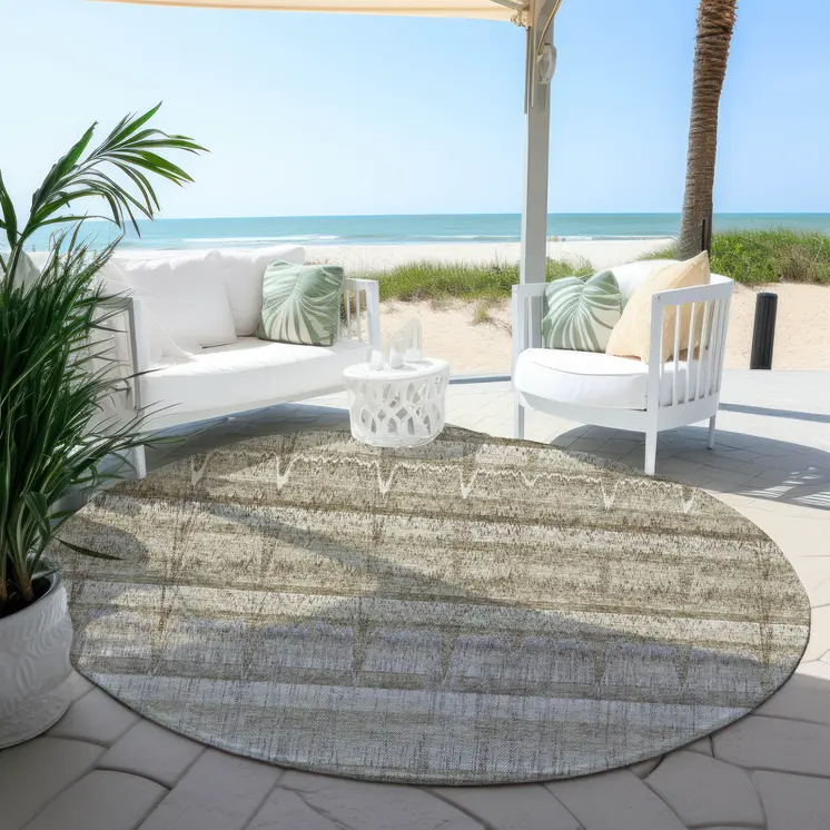 8' Taupe Gray And Beige Round Striped Washable Indoor Outdoor Area Rug