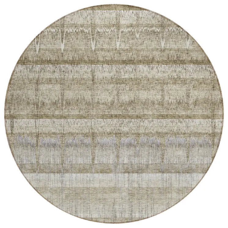 8' Taupe Gray And Beige Round Striped Washable Indoor Outdoor Area Rug
