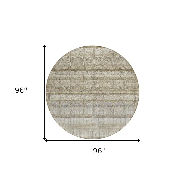 8' Taupe Gray And Beige Round Striped Washable Indoor Outdoor Area Rug