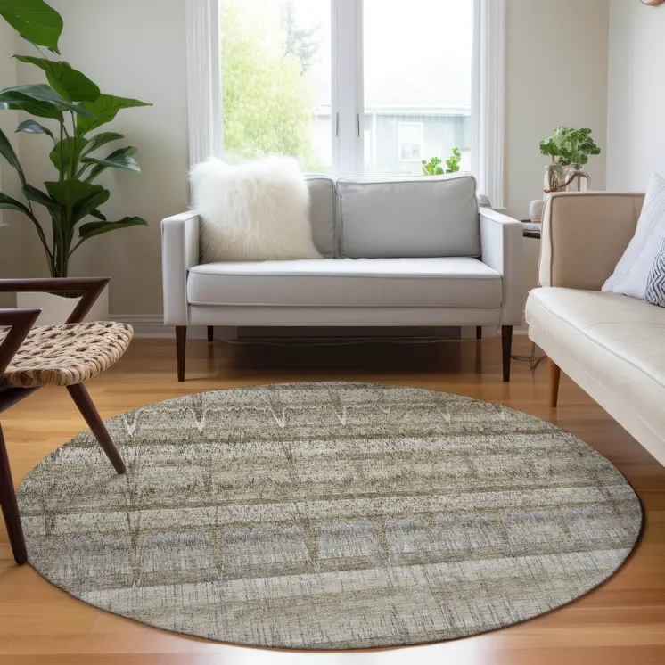 8' Taupe Gray And Beige Round Striped Washable Indoor Outdoor Area Rug