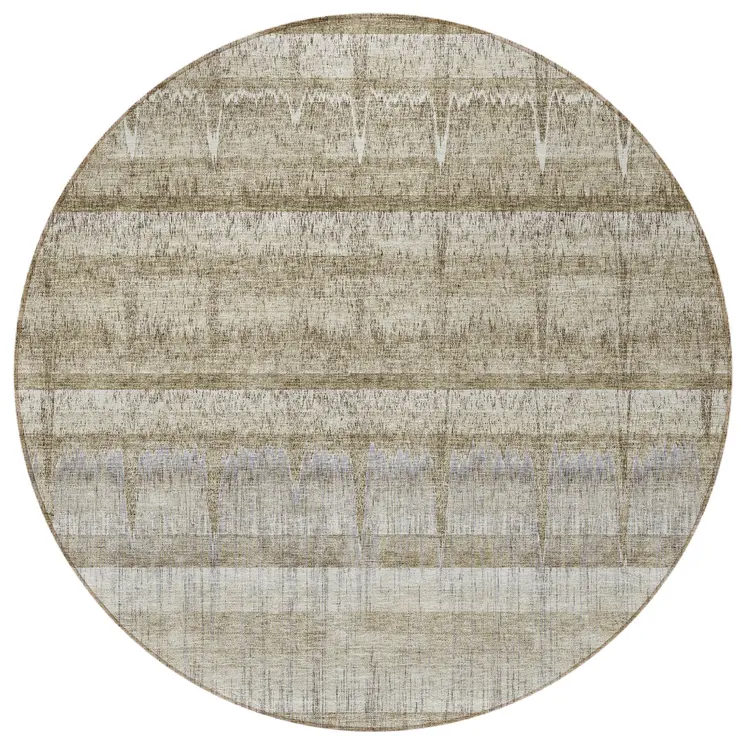 8' Taupe Gray And Beige Round Striped Washable Indoor Outdoor Area Rug