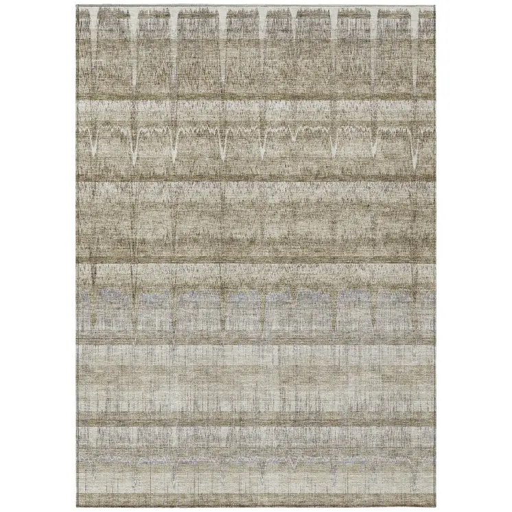 9' X 12' Taupe Gray And Beige Striped Washable Indoor Outdoor Area Rug